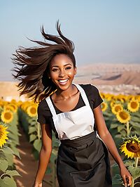 Tanzanian woman in a black apron poses at the Masada ruins under fading twilight